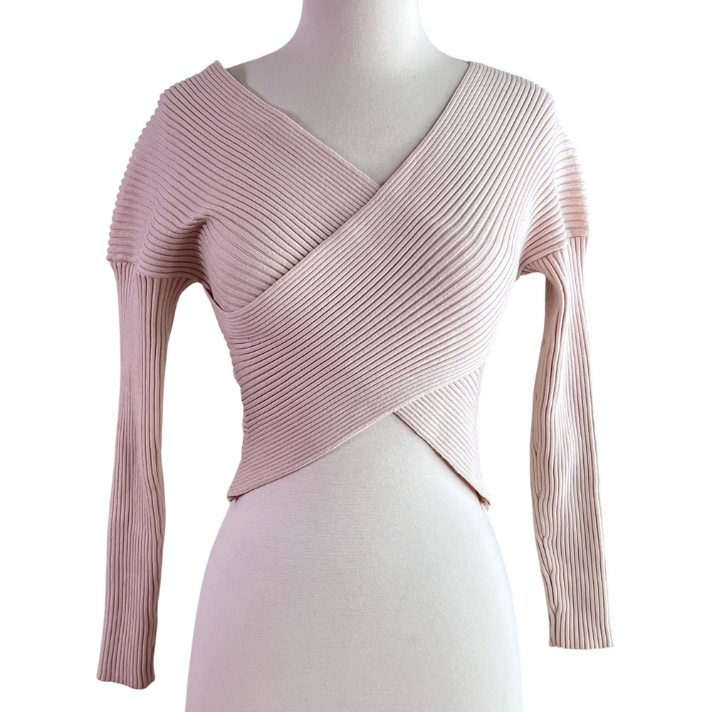 HYFVE Wrap Sweater S Ivory Womens Ribbed V-Neck Cropped Long Sleeve Pink Ballet
